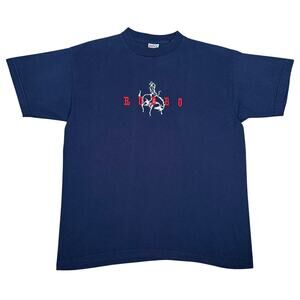 Vintage Rodeo Cowboy Embroidered T Shirt Mens Large Blue Western Bronco Riding L
